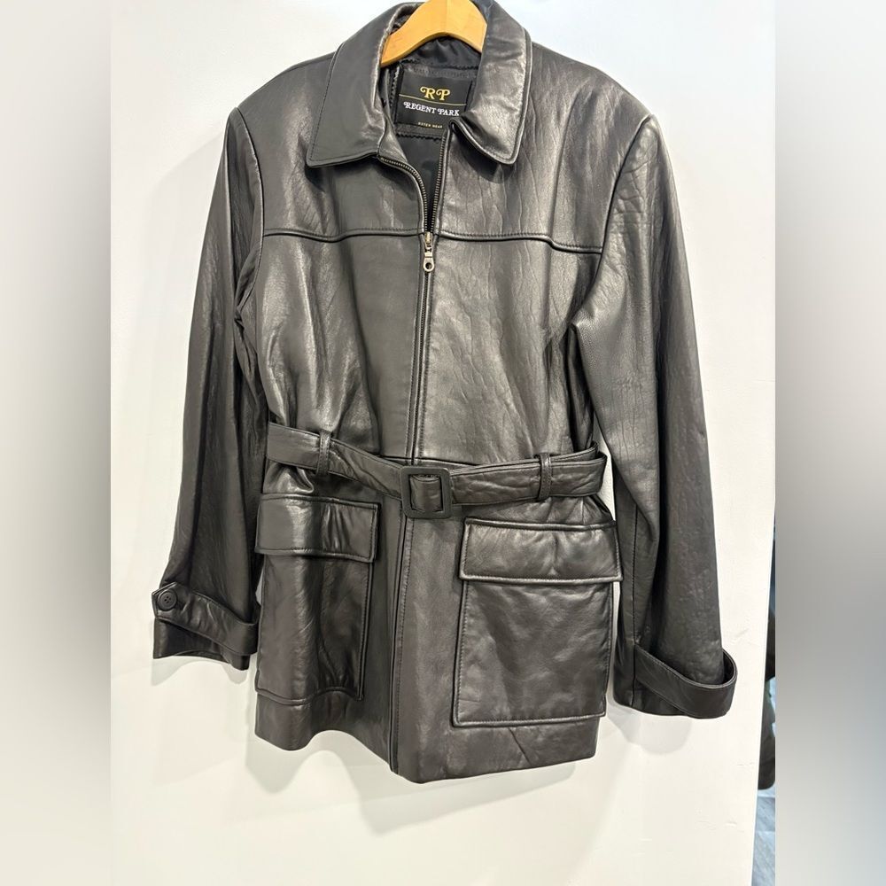 Vintage Regent Park Men's Black Leather Belted Trench Coat